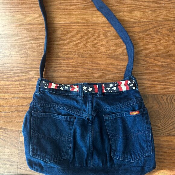 Repurposed Upcycled Denim Purse USA Patriotic Flag Shoulder Bag Bonjour Jeans - Picture 11 of 13